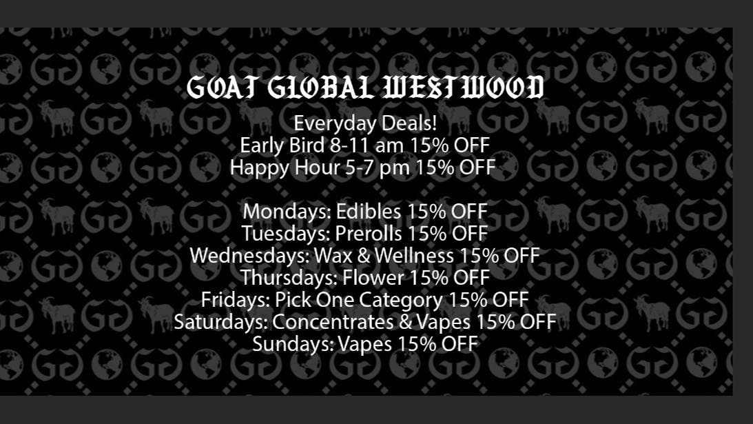 15 OFF PREROLLS! at GOAT Global Westwood Weedmaps