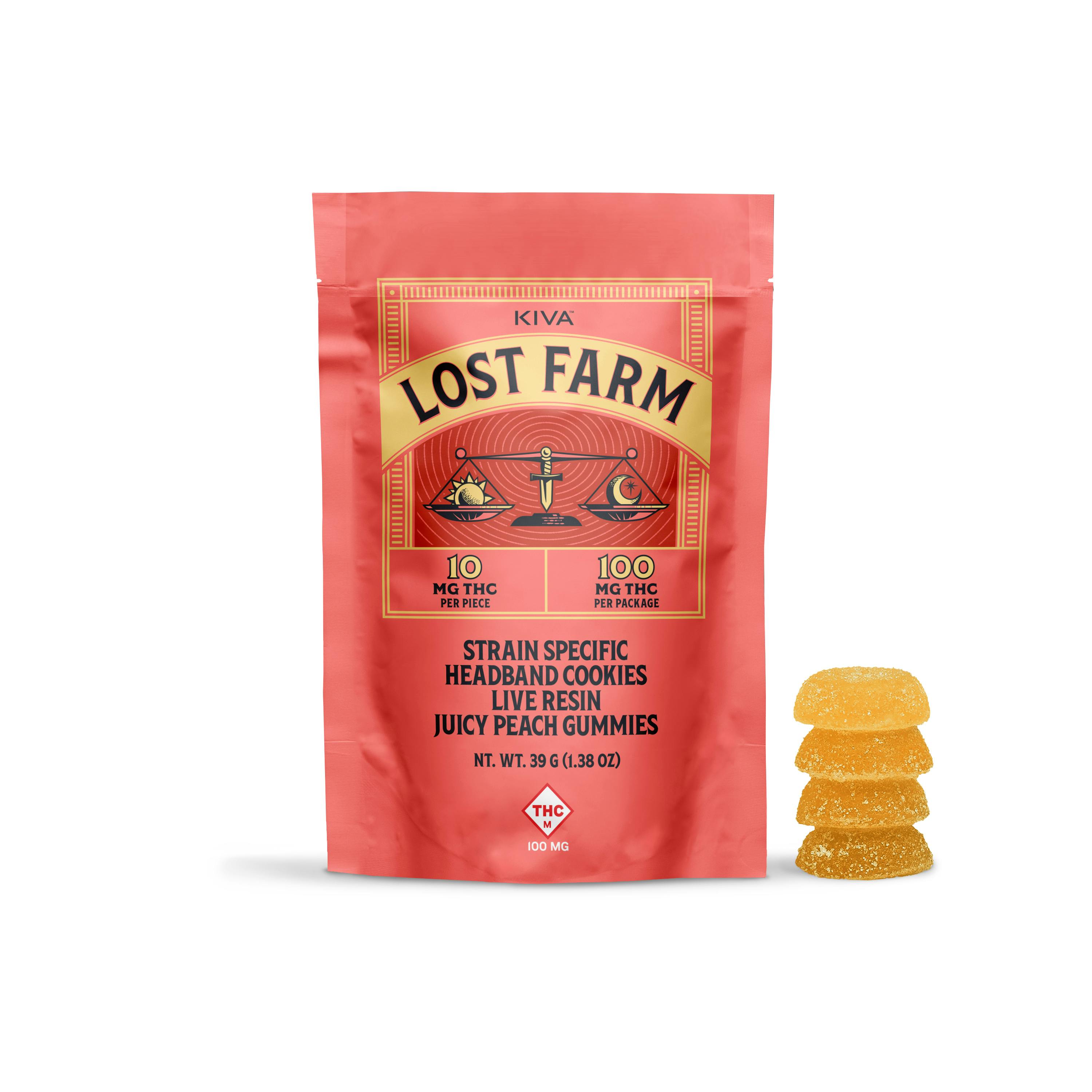 Lost Farm by KIVA - 100mg Live Resin Gummies (10pk) - Headband Cookies (Juicy Peach)