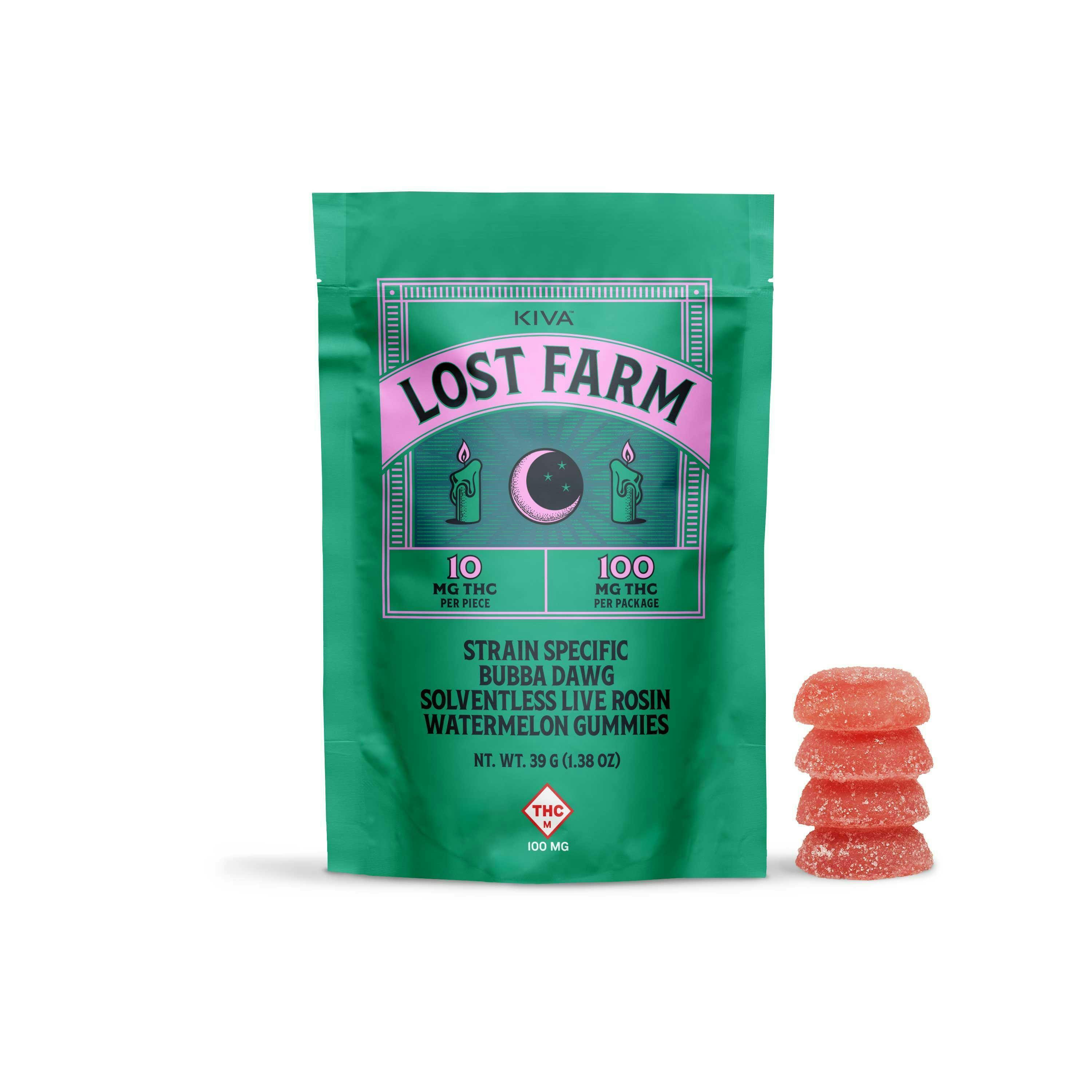 Lost Farm by KIVA - 100mg Live Rosin Gummies (10pk) - Bubba Dawg (Watermelon)