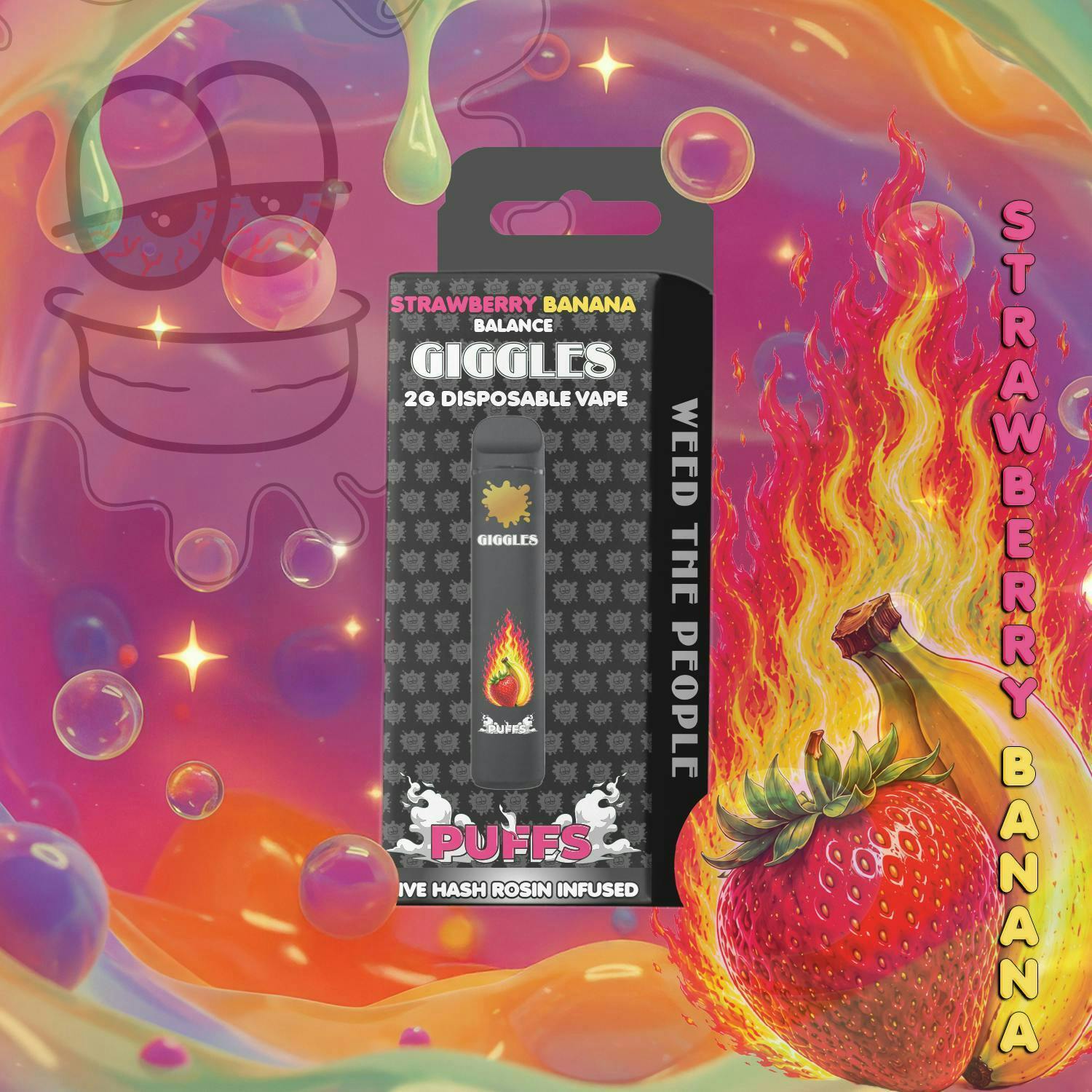 Disposable - Giggle Puffs Live Hash Rosin Infused - Strawberry Banana - (Sativa) - 94.31% THC - 2g