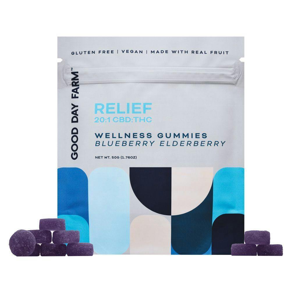 GDF: Wellness Gummies | RELIEF 20:1 Blueberry Elderberry | 500mg CBD, 25mg THC | 10pk at Good Day Farm Bossier City