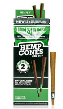 King Size Natural Hemp Cones with Paper Tips - 2pk