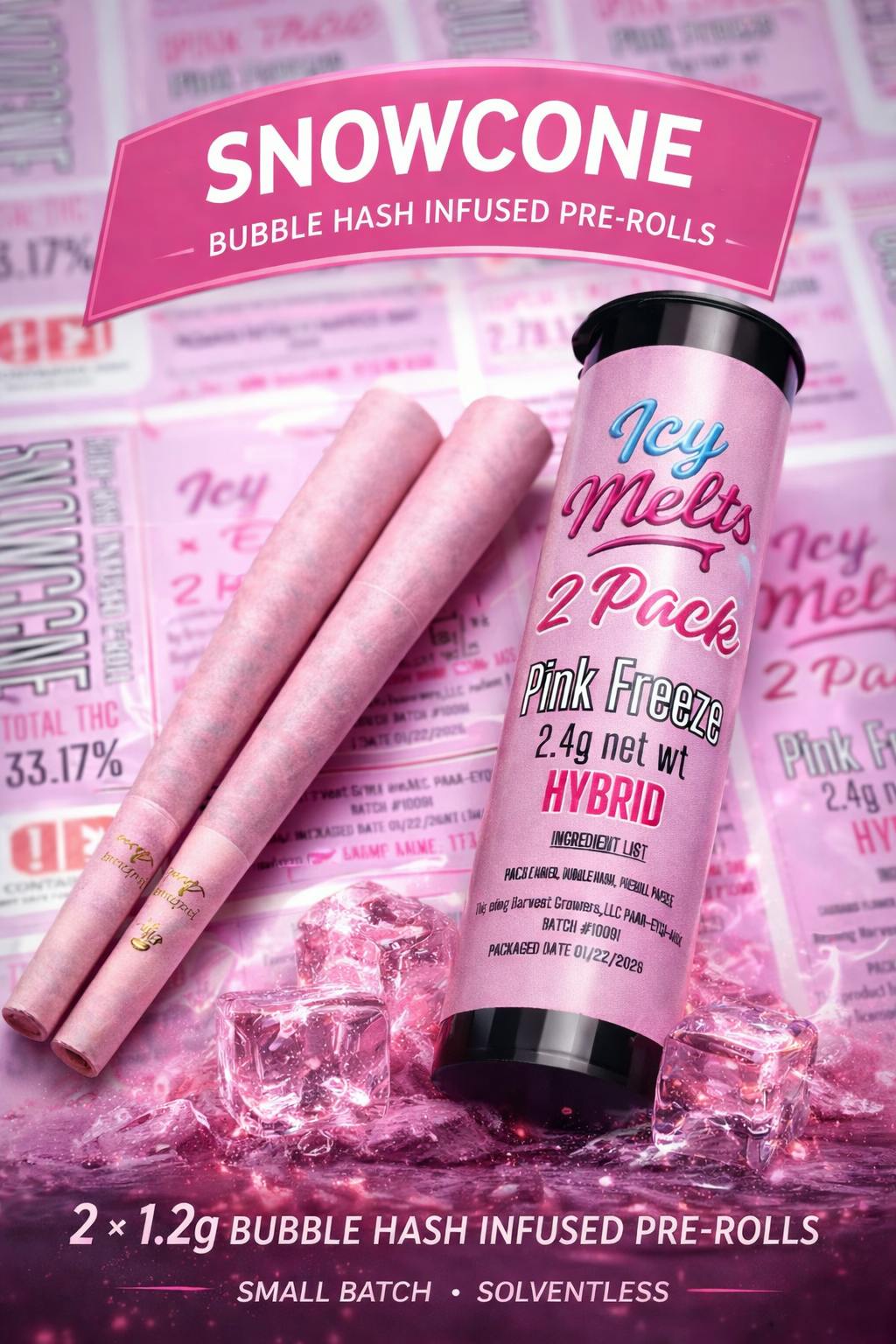 ICY MELTS PINK FREEZE BUBBLE HASH INFUSED PREROLLS 2 PACK 2.4G