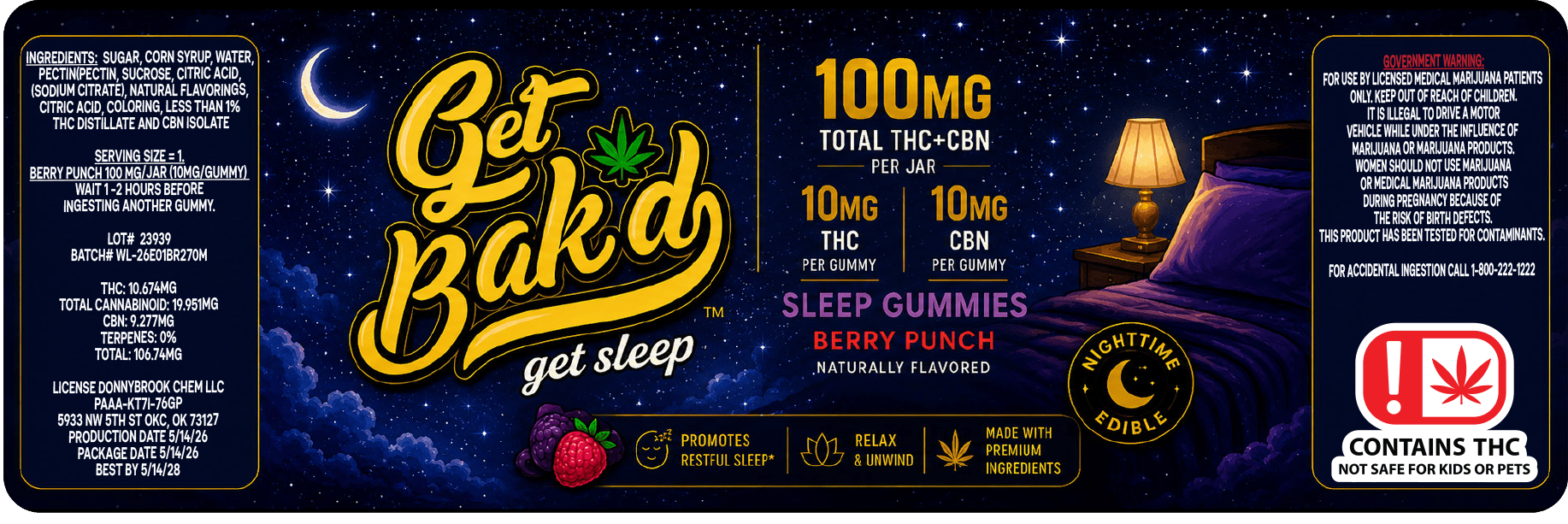 Get Bakd Get Sleep 10mg THC, 10MG GBN pre Gummy 100MG Pre Bag