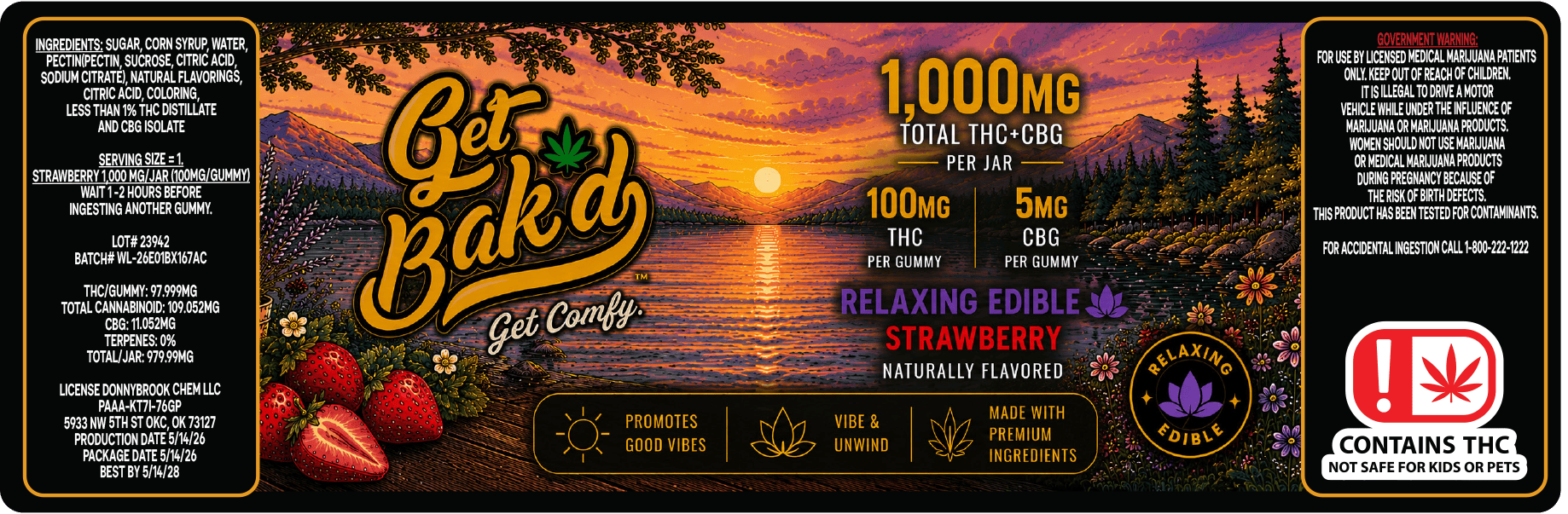 Get Bakd Get Comfy 100MG THC and 5MG CBG 1000mg total bag.