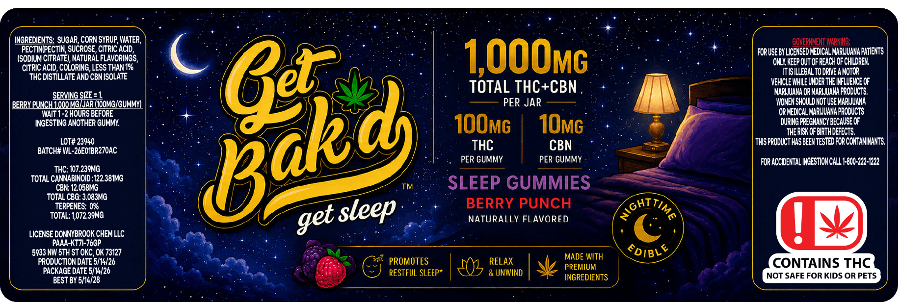 Get Bakd Get Sleep 1000mg THC, 10MG GBN per Gummy 1000MG Per Bag