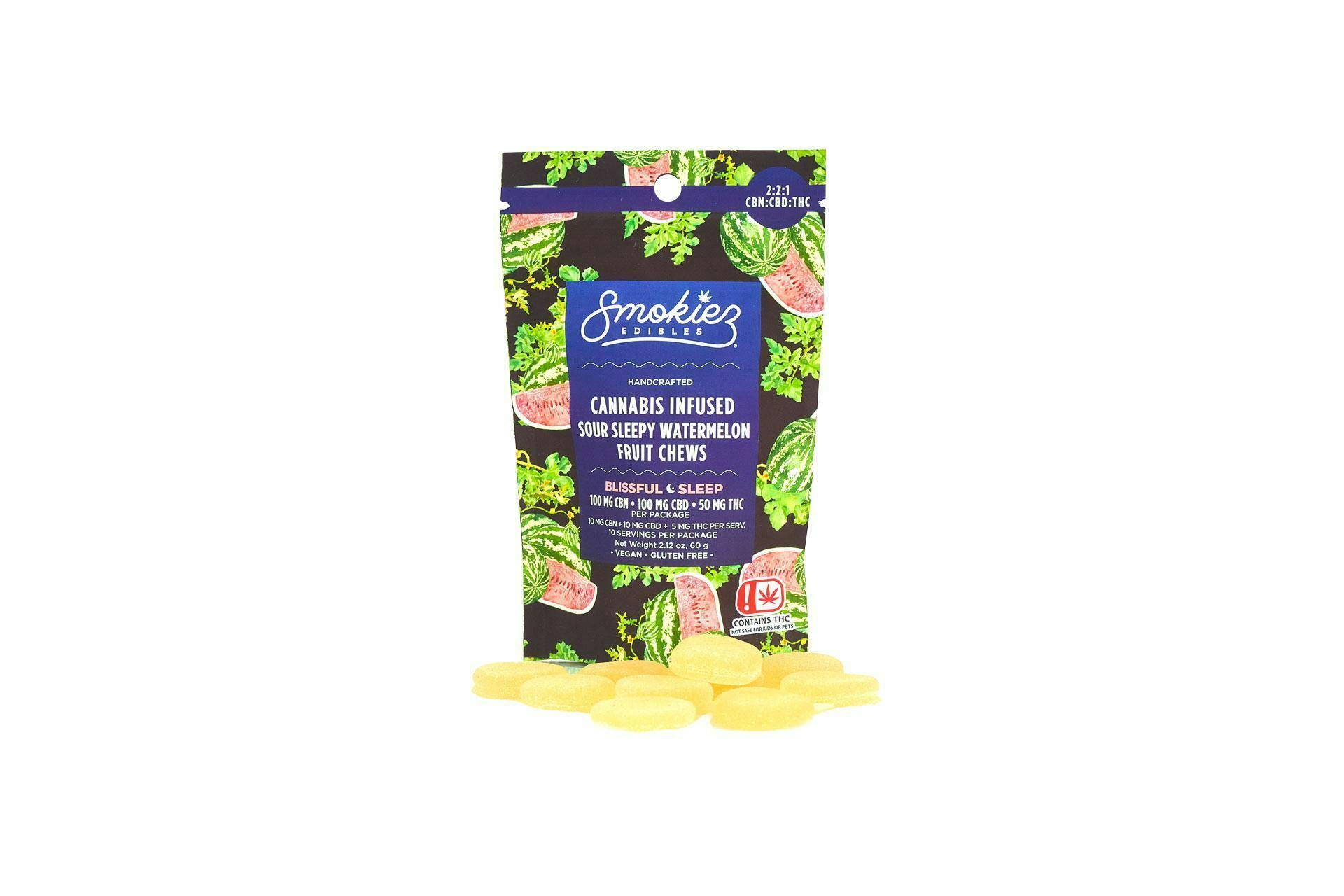 Smokiez Sour Blissful Sleep Watermelon 50mg THC:100mg CBD:CBN 1:2:2 Fruit Chews