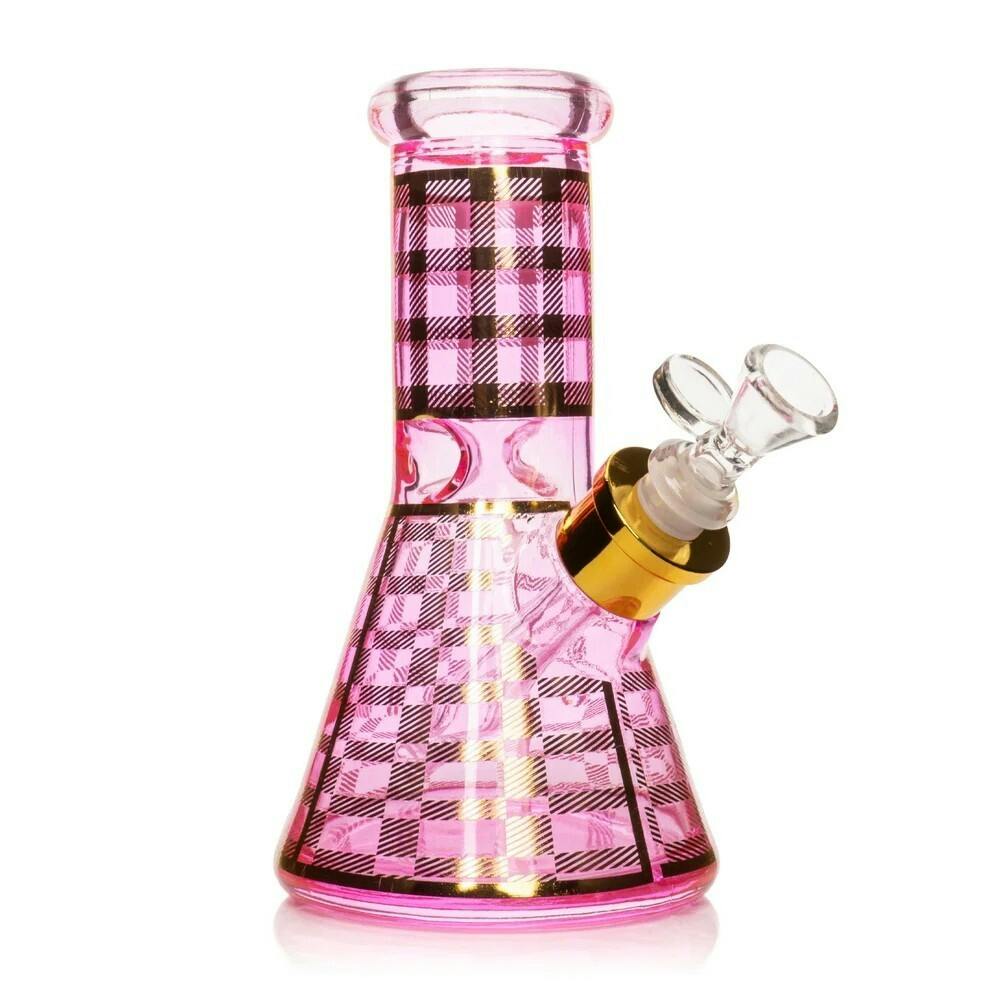 8" Tall Pink Gold Plaid Beaker Base Water Pipe