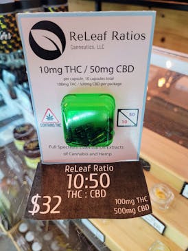 ReLeaf Ratios - Capsule Bottle - 30 Ct - 10:50 - 10mgTHC/50mg CBD