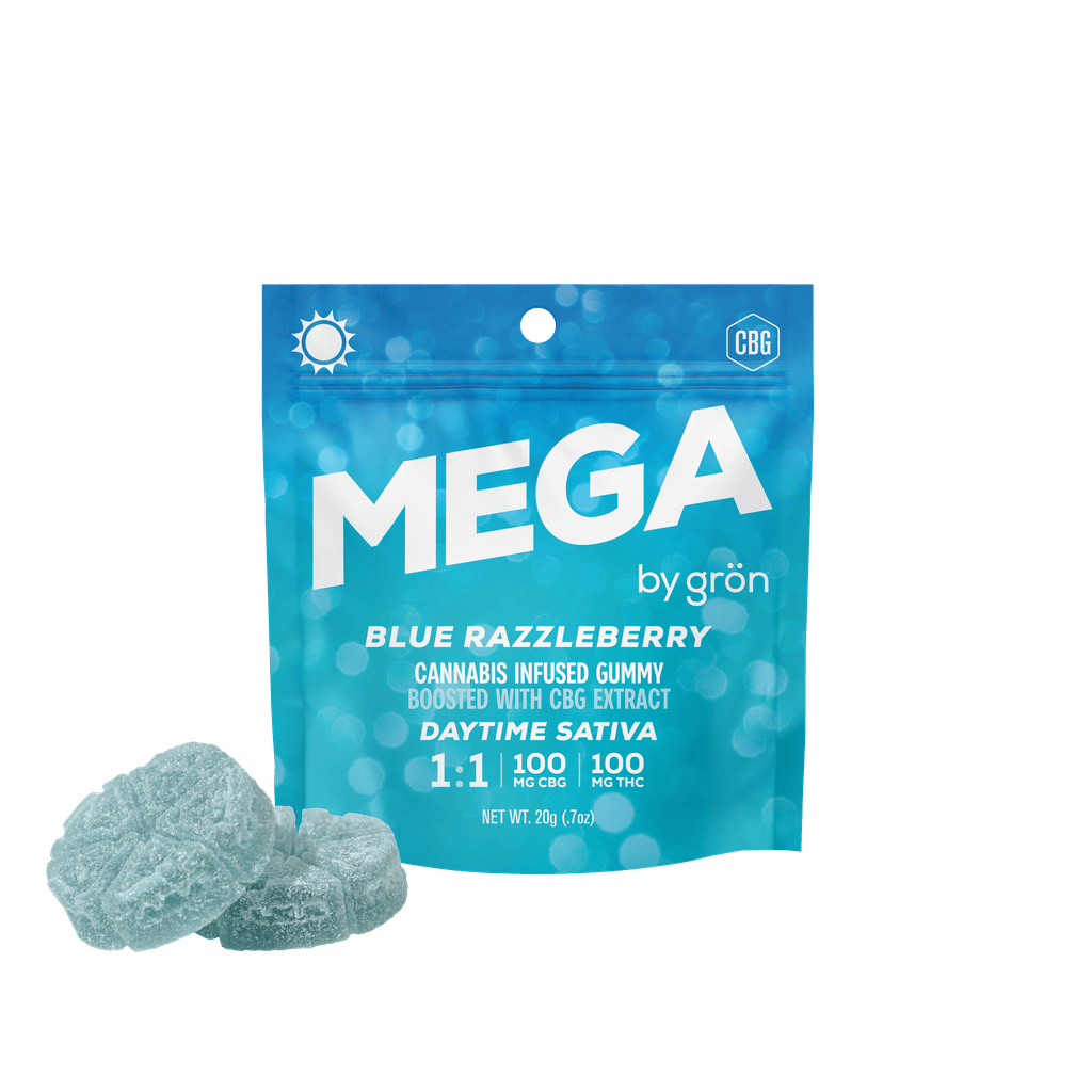 Gron Mega Blue Razzleberry Ratioed Gummies 50mg ea | 2-Pack | 1:1 THC:CBG
