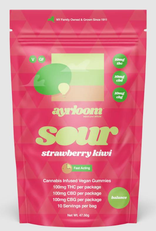 Ayrloom Sour Strawberry Kiwi 1:1:1 - 100mg (THC:CBD:CBG ) Gummies 10pk
