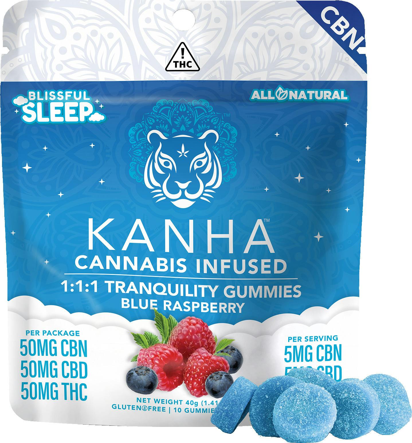 Kanha 1:1:1 CBD:THC:CBN Blue Raspberry Tranquility Sleep (I) Gummies 5mg 10pk