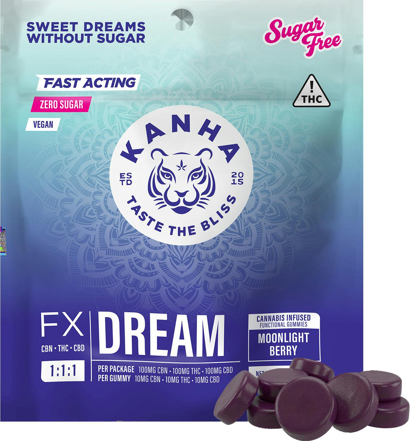 Kanha 1:1:1 CBN:THC:CBD Dream Sugar Free Moonlight Berry (I) Gummies 10mg 10pk
