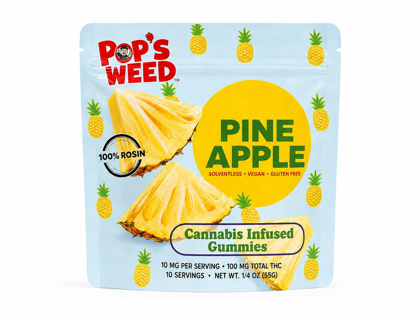 Pineapple [H] | 100mg (10pk) Solventless Rosin Vegan Gummies | Pop's Weed