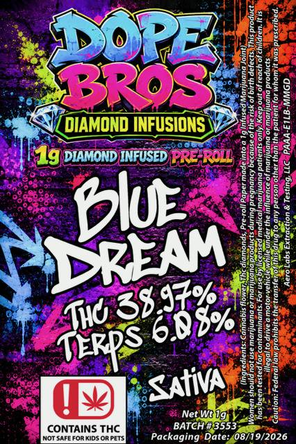 Dope Bro's Diamond Infused 1g Preroll Blue Dream