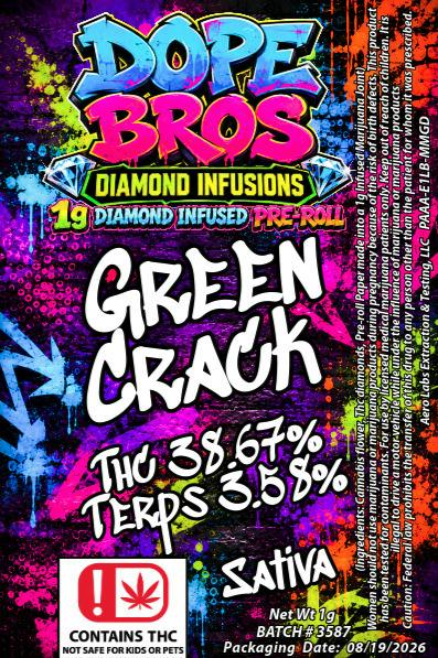 Dope Bro's Diamond Infused 1g Preroll Green Crack