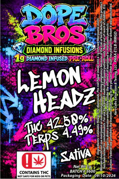 Dope Bro's Diamond Infused 1g Preroll Lemon Headz
