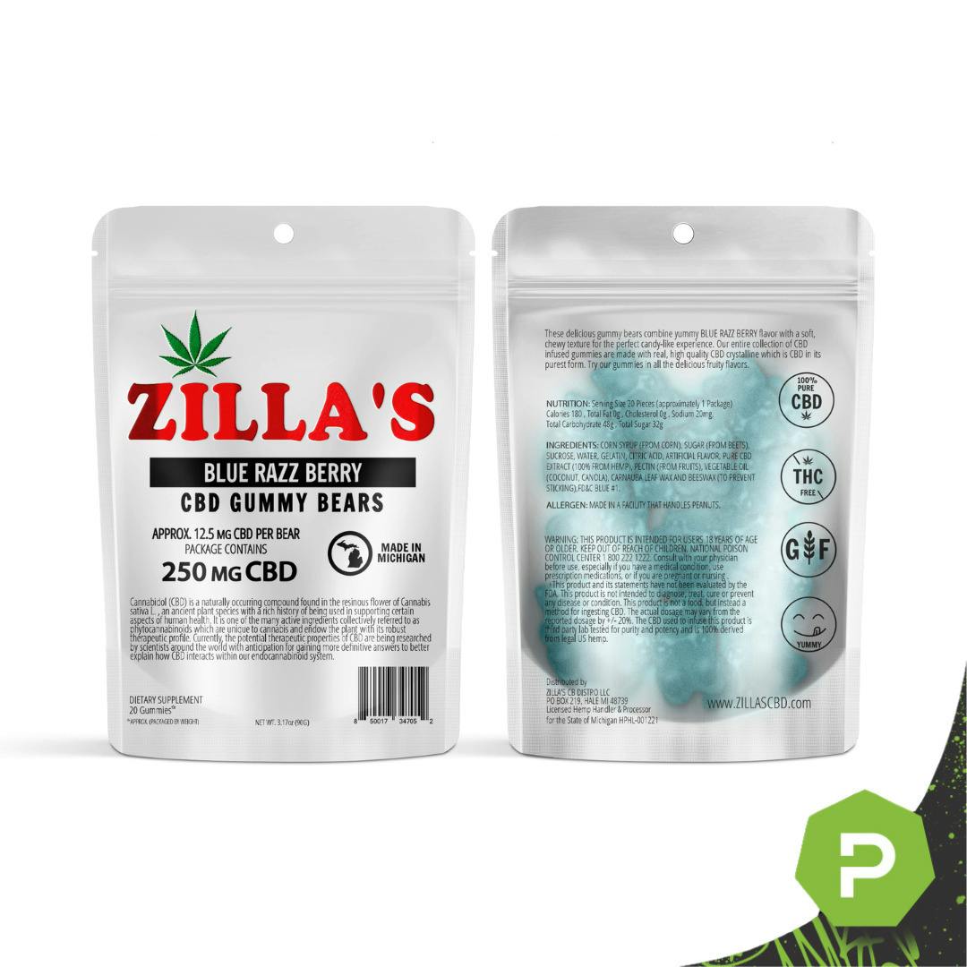 Zilla's | 250mg CBD Gummy Bears | Blue Razz Candy
