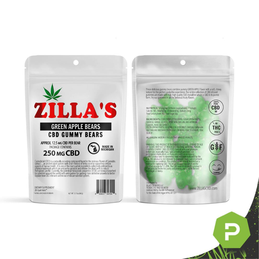 Zilla's | 250mg CBD Gummy Bears | Green Apple Candy