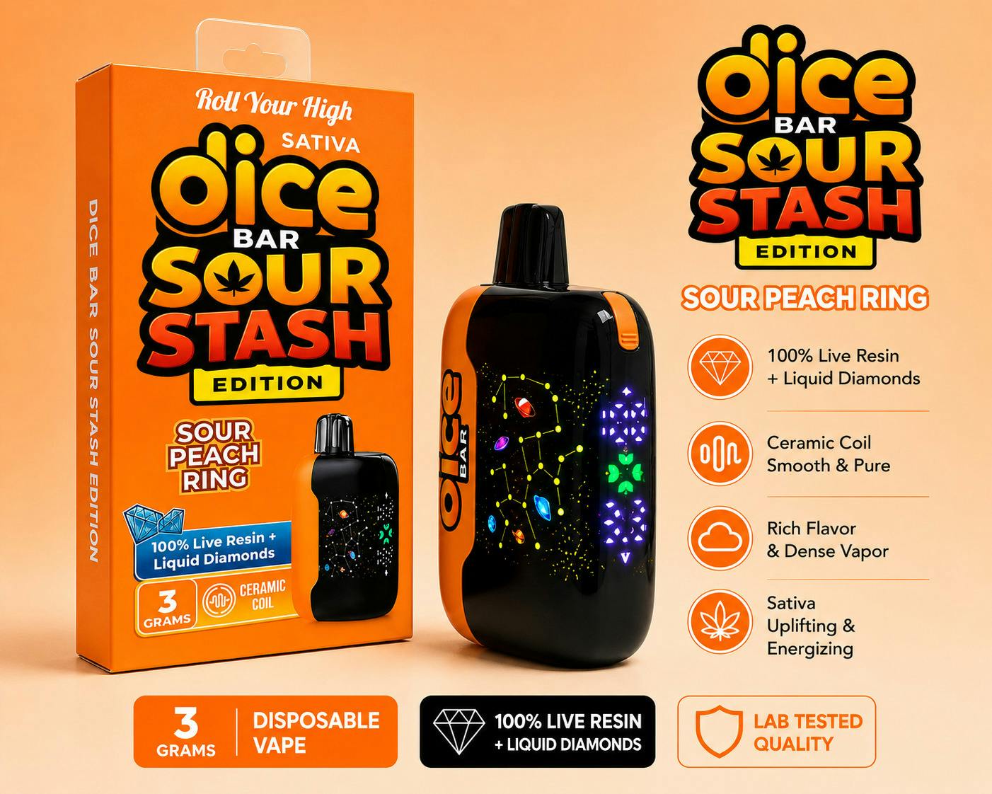 Dice Bar - 3g Disposable Live Resin + LQD - Sour Peach Rings