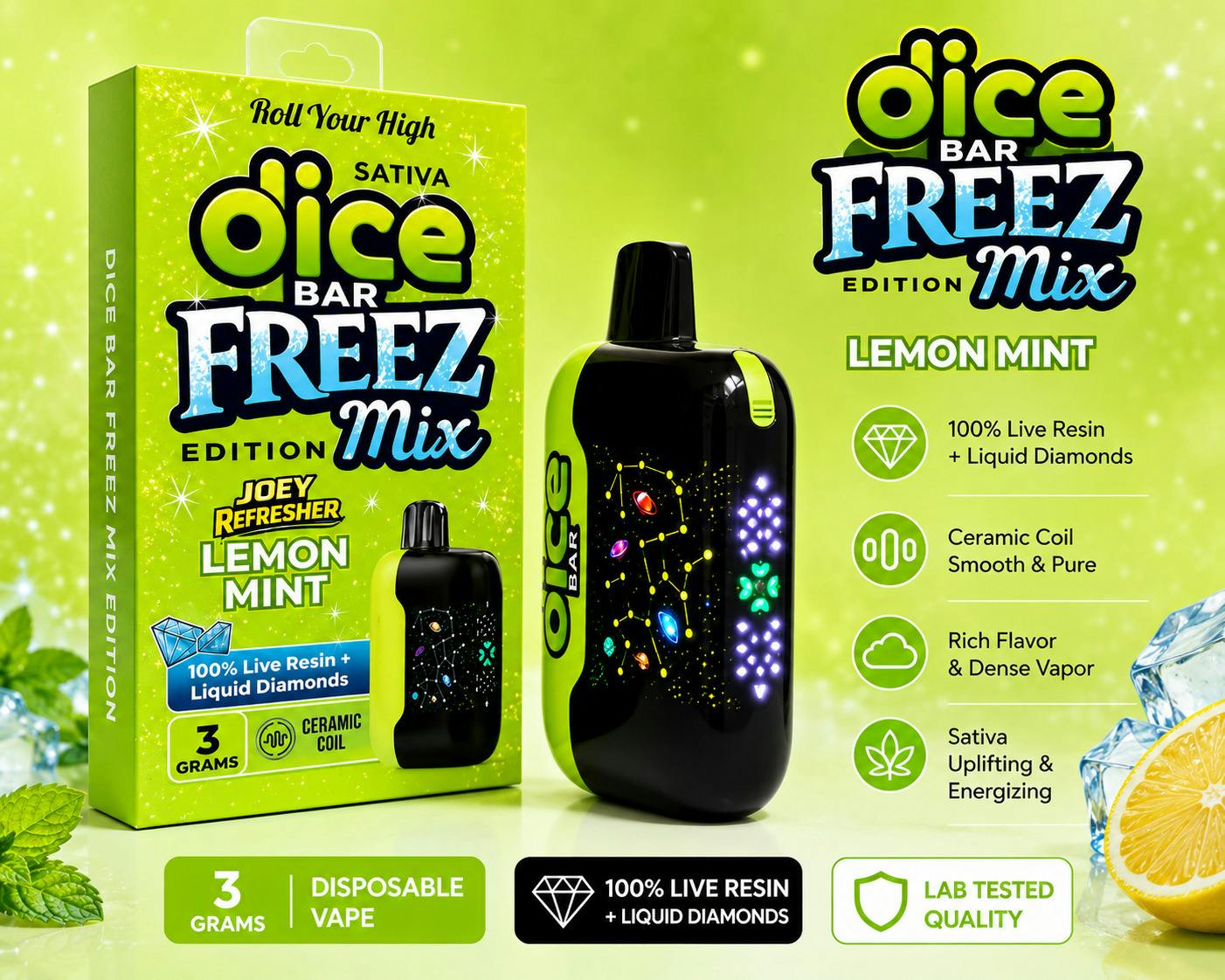 Dice Bar - 3g Disposable Live Resin + LQD - Lemon Mint
