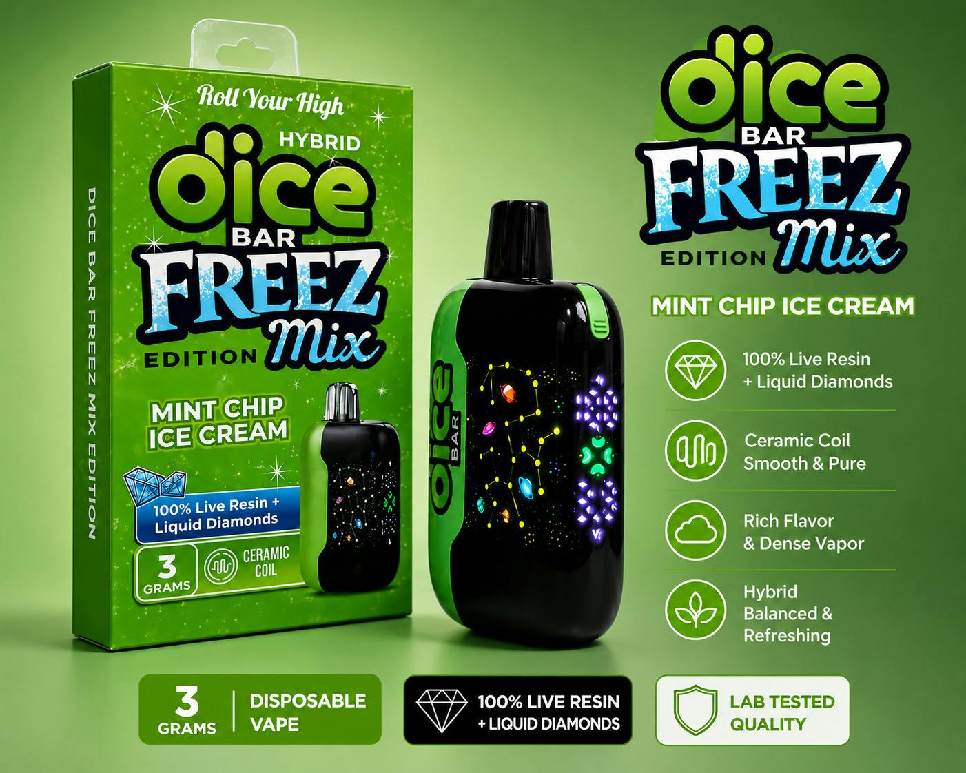 Dice Bar - 3g Disposable Live Resin + LQD - Sour Apple