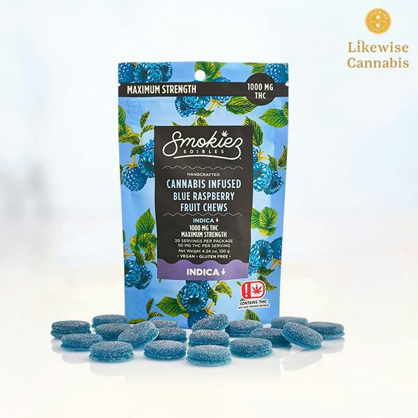 20-PACK 1000MG BLUE RASPBERRY INDICA GUMMIES - SMOKIEZ