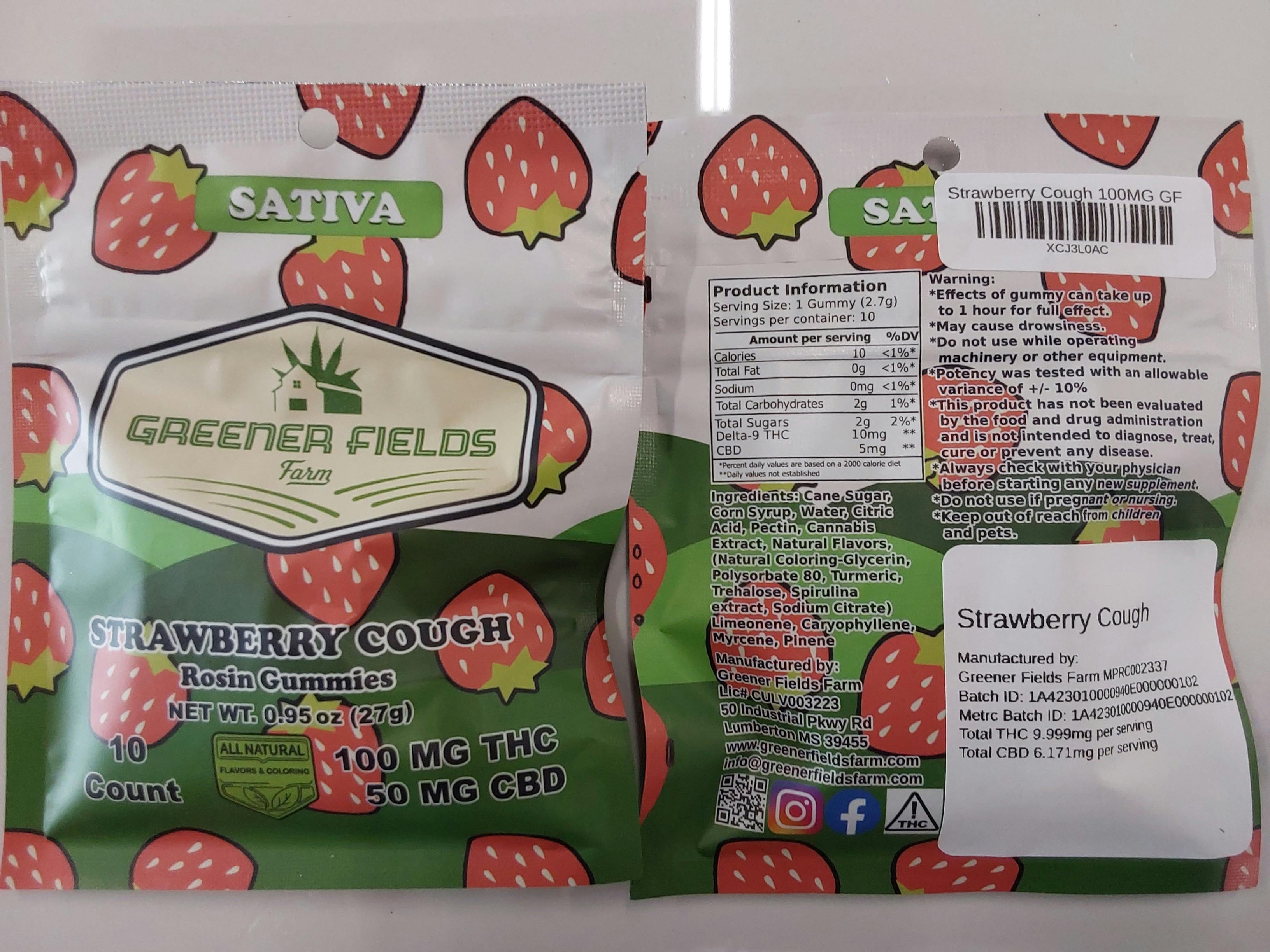 Strawberry Cough | 100MG (10MG PCS) Gummy Bags | Greener Fields