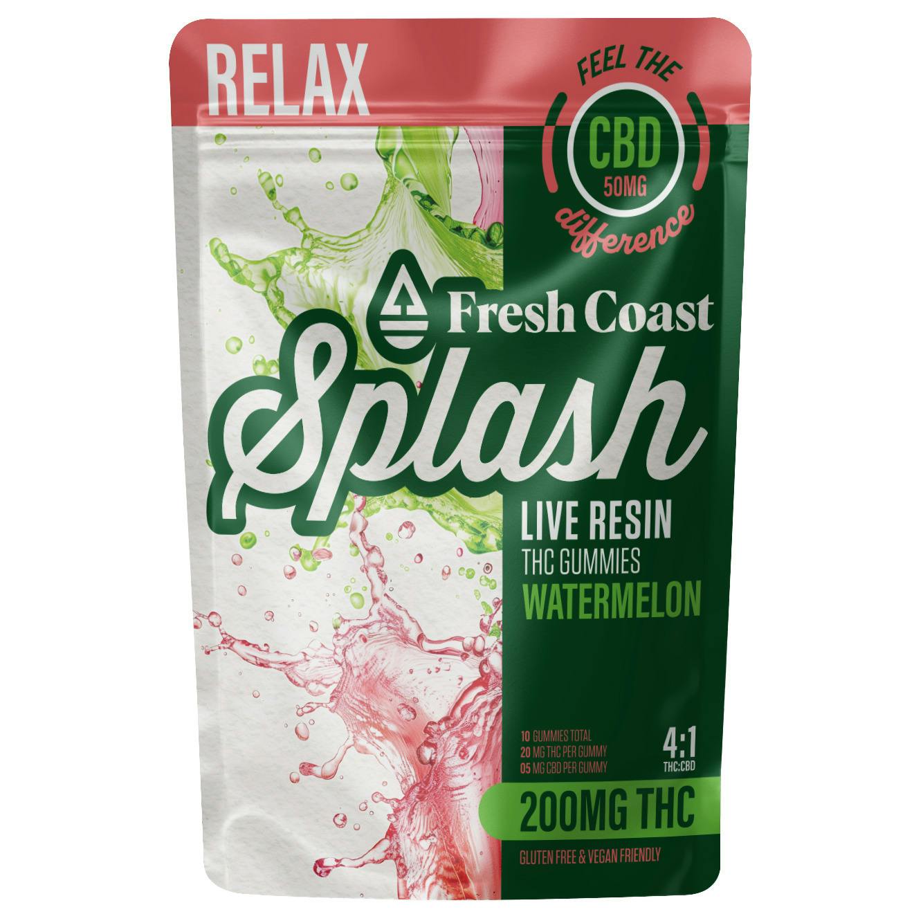 Splash | Watermelon 4:1 THC:CBD Live Resin Gummies | 200mg | 10ct | 20mg/ea