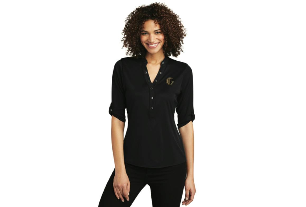 GATSBY MERCH | GATSBY LOGO | BLK & GLD HALF-SLEEVE (WOMEN'S MID-BUTTON) | MEDIUM