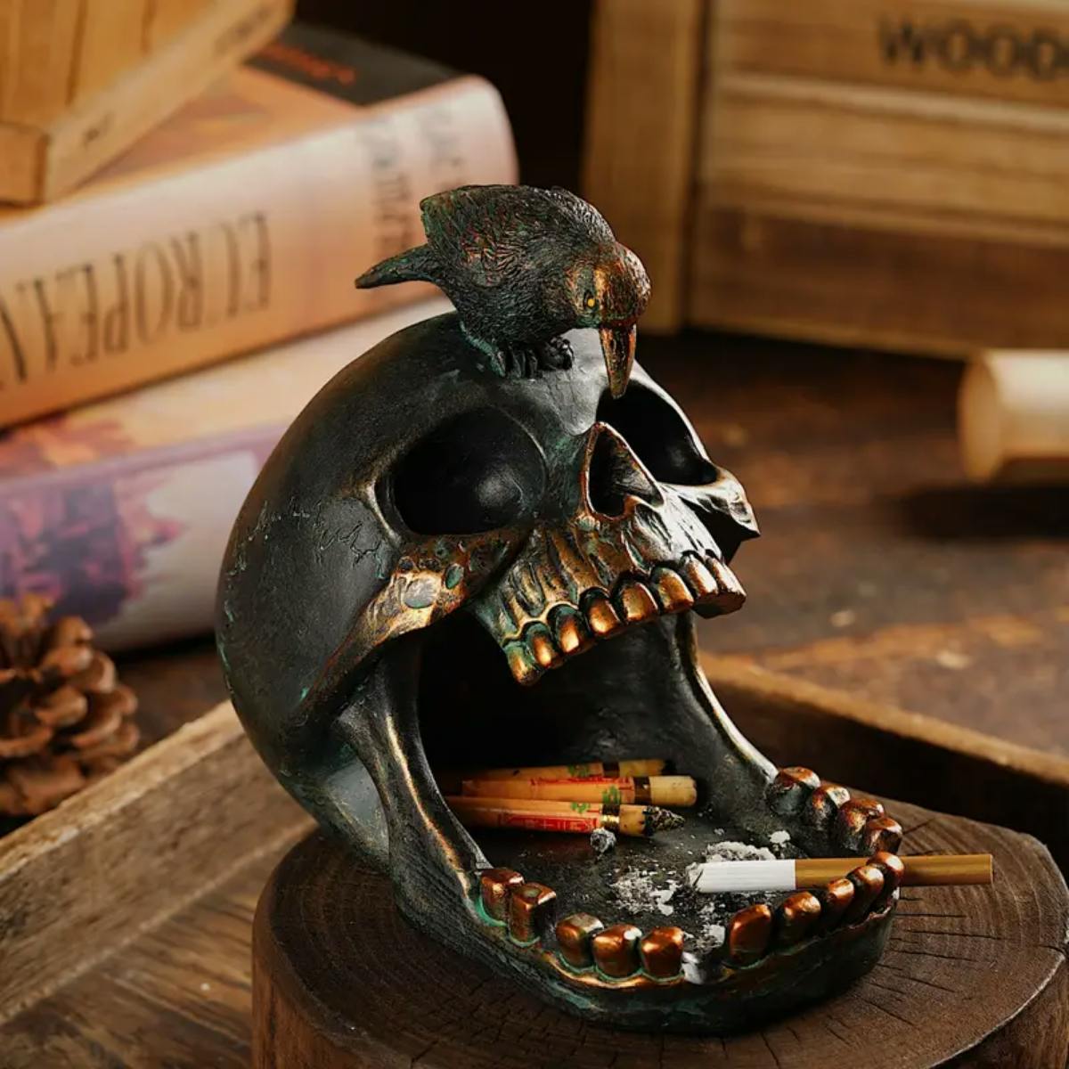 Gothic Skull and Crow Ashtray