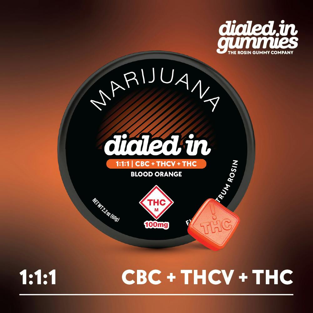 Dialed In: Rosin Gummies | Blood Orange 1:1:1 | 100mg THC : 100mg THCV : 100mg CBC | 20pk