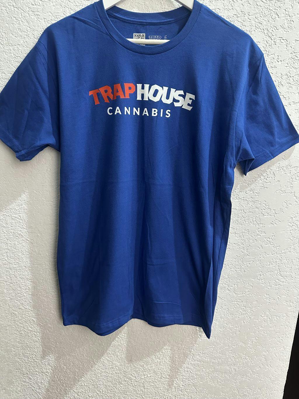 Trap House Red and White on Blue Full Back Logo Short Sleeve Large