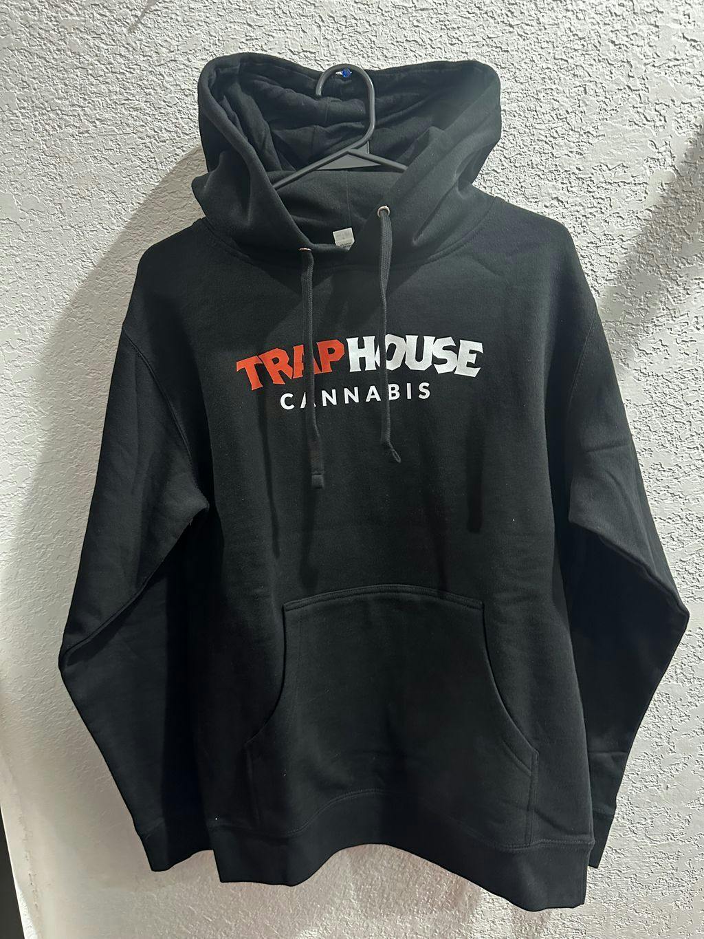 Trap House Red Front Text Full Back Logo on Black Hoodie Small