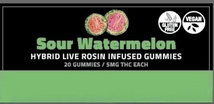 Sour Watermelon All-Natural Live Rosin Gummies, 20pk x 5mg