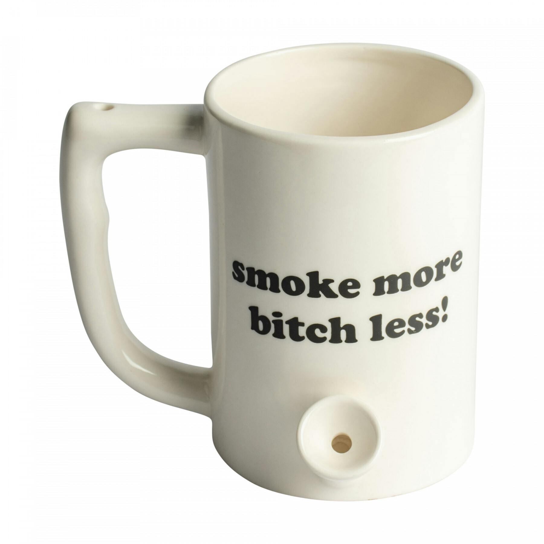 Ceramic Mug Pipe - 'smoke more bitch less!' - White