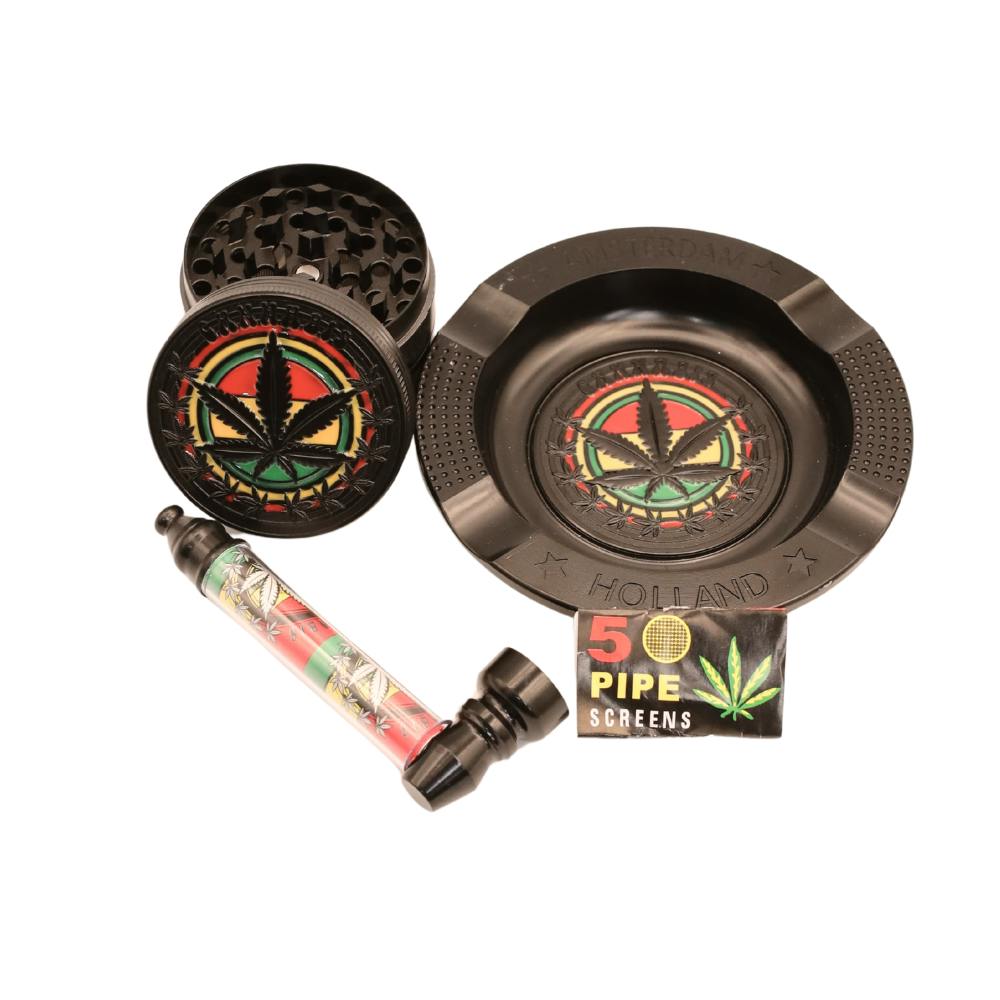 Smoking Set - 4pc - Midnight Rasta Leaf