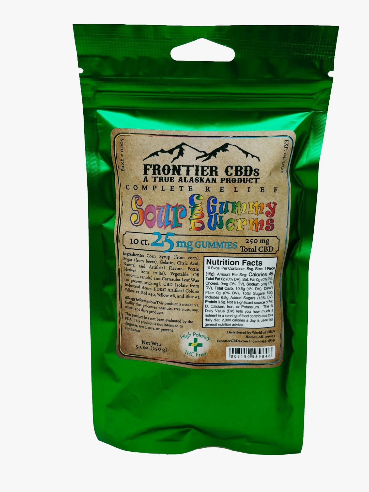 25mg CBD Sour Gummy Worm 10-Pack by Frontier CBDs