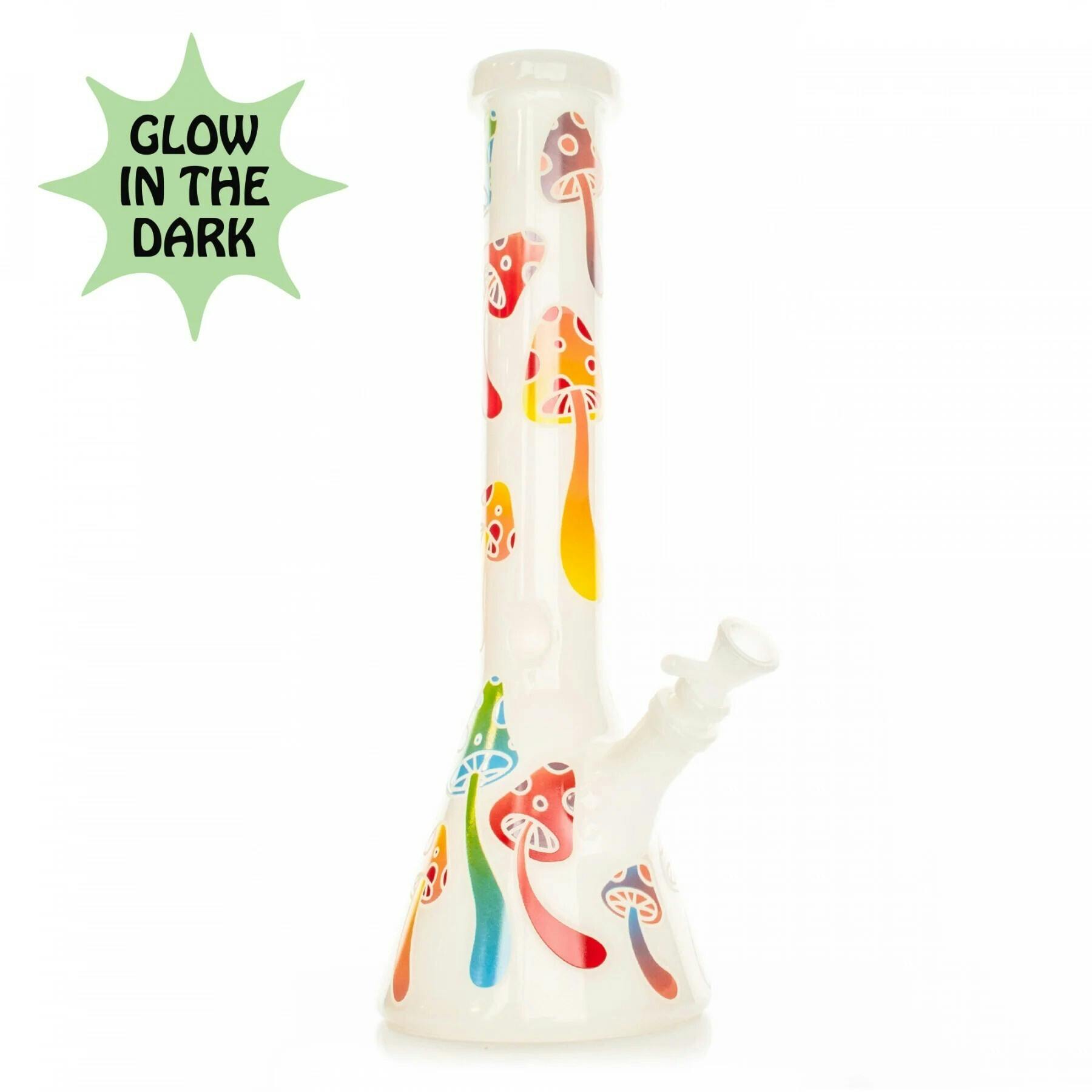 Red Eye Glass 15" Tall White Mushroom Magic Beaker Base Water Pipe W/Glow-In-The-Dark Decal