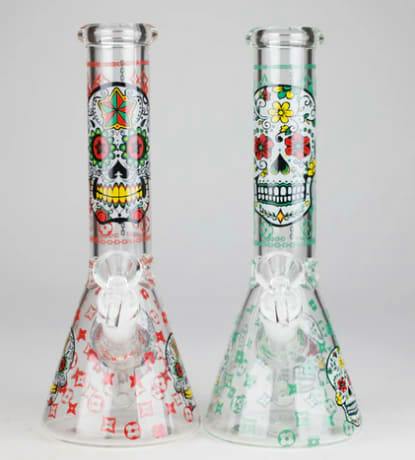 10" Sugar Skull Design Glass Beaker Bong - Assorted colors
