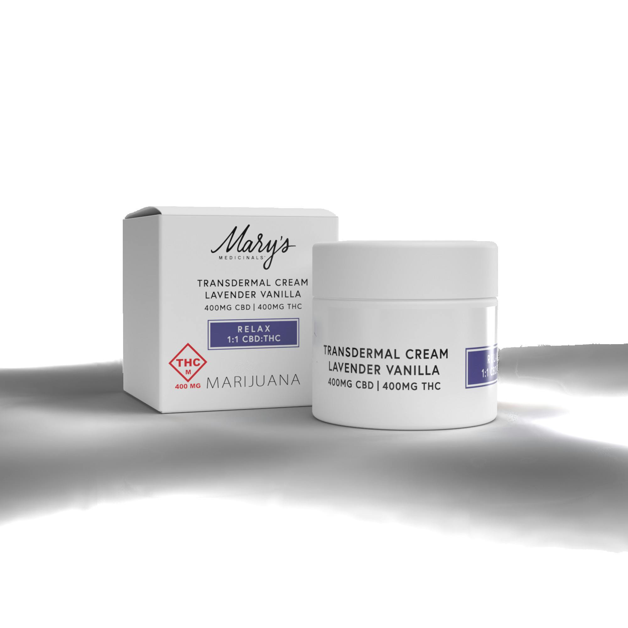 Mary's Medicinals: Topical | Transdermal Cream Lavender Vanilla | Relax 1:1 | 400mg THC : 400mg CBD