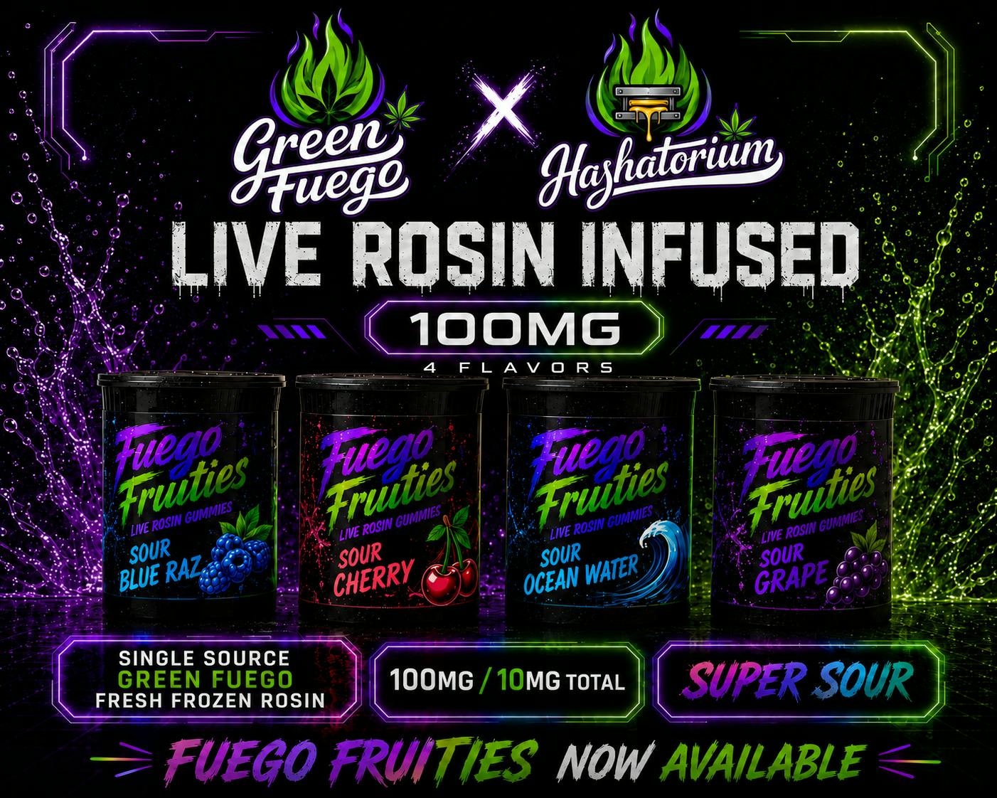 Sour Blue Razz| 100mg live rosin gummies| Green Fuego