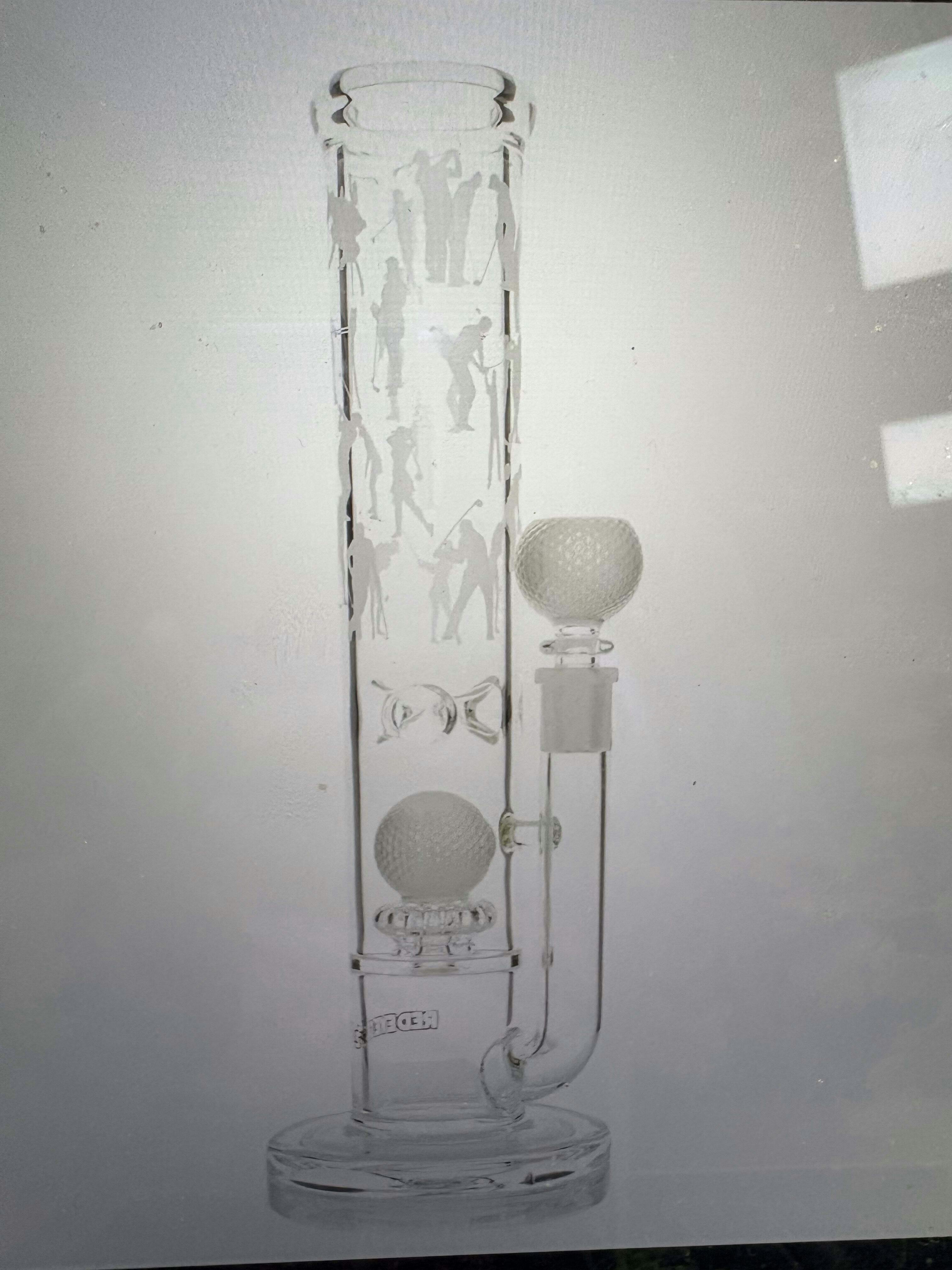 Red Eye Glass 12inch tall hole in one straight base water pipe w/gold ball perc & pull out