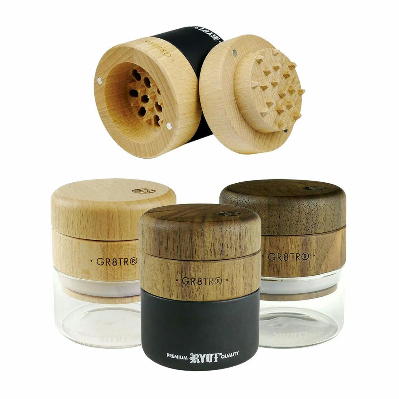 RYOT Wood GR8TR w/ Clear Jar Body and Wood Top - Clear - Beech Top