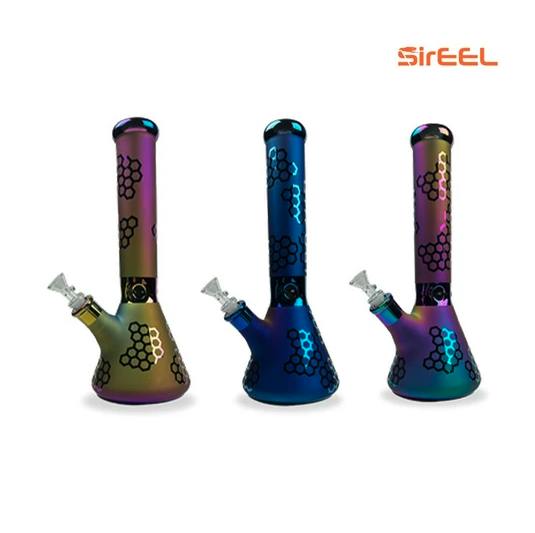 SirEEL | 14" Etched Honeycomb Iridized Beaker Bong w/Bowl | Assorted Colors