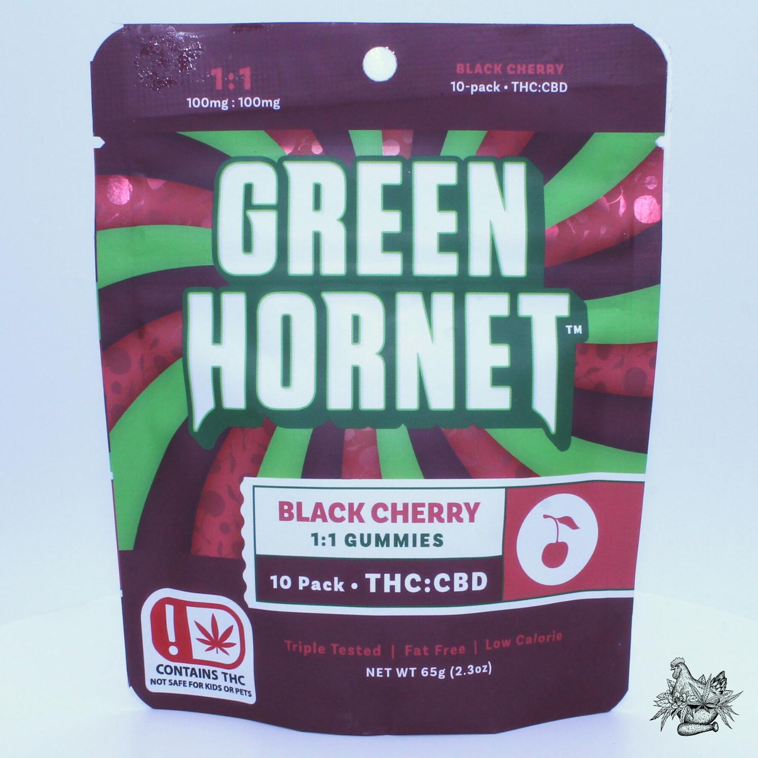 GREEN HORNET-100MG THC:100MG CBD GUMMIES-BLACK CHERRY