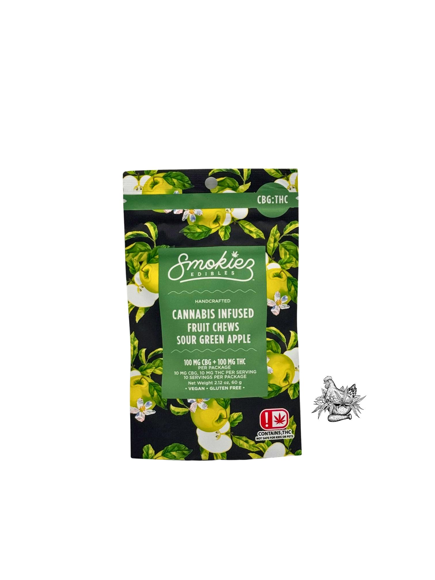 SMOKIEZ-FRUIT CHEWS- SOUR GREEN APPLE-1:1 THC:CBG-100MG
