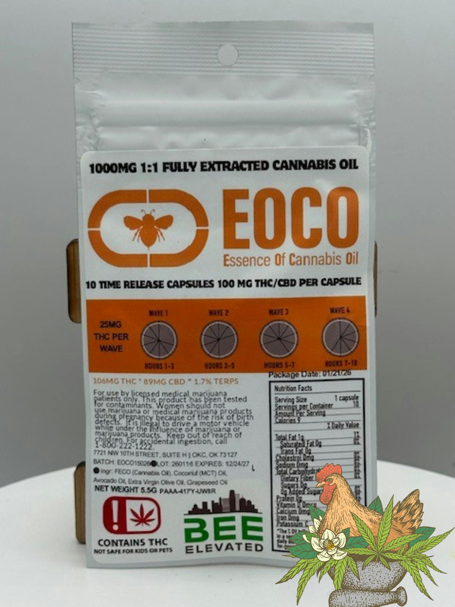 BEE ELEVATED-EOCO-TIME RELEASE CAPSULES-1:1 THC:CBD-100MG