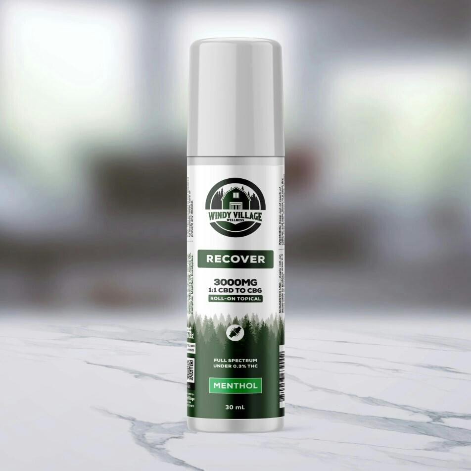 CBD Roll-On | Windy Village | Recover | Menthol | 1:1 CBD:CBG | 3000mg | 1oz
