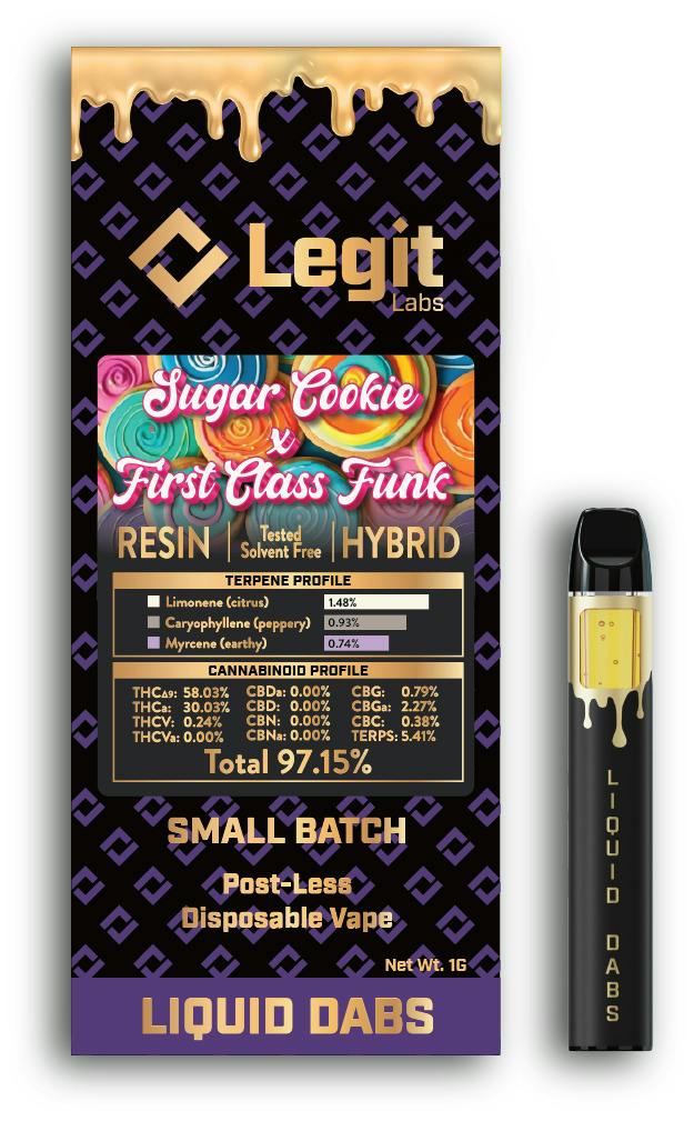 Legit Labs - 1g Resin Post-Less Disposable - Sugar Cookie x First Class Funk